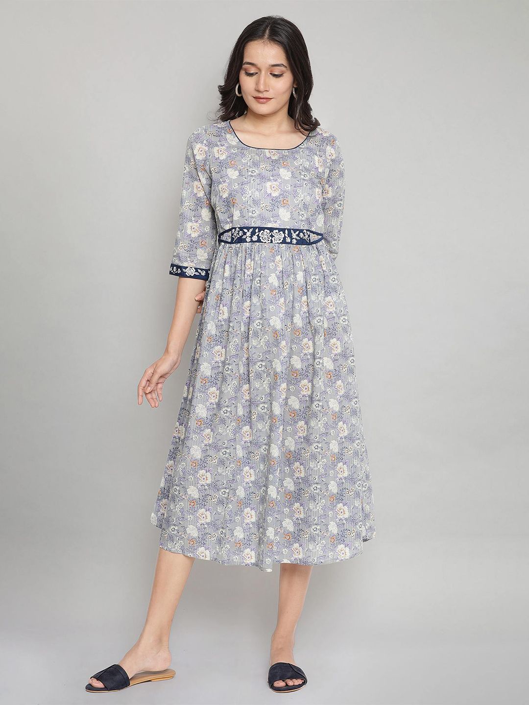 AURELIA Grey Floral Printed Midi Pure Cotton Dress Price in India
