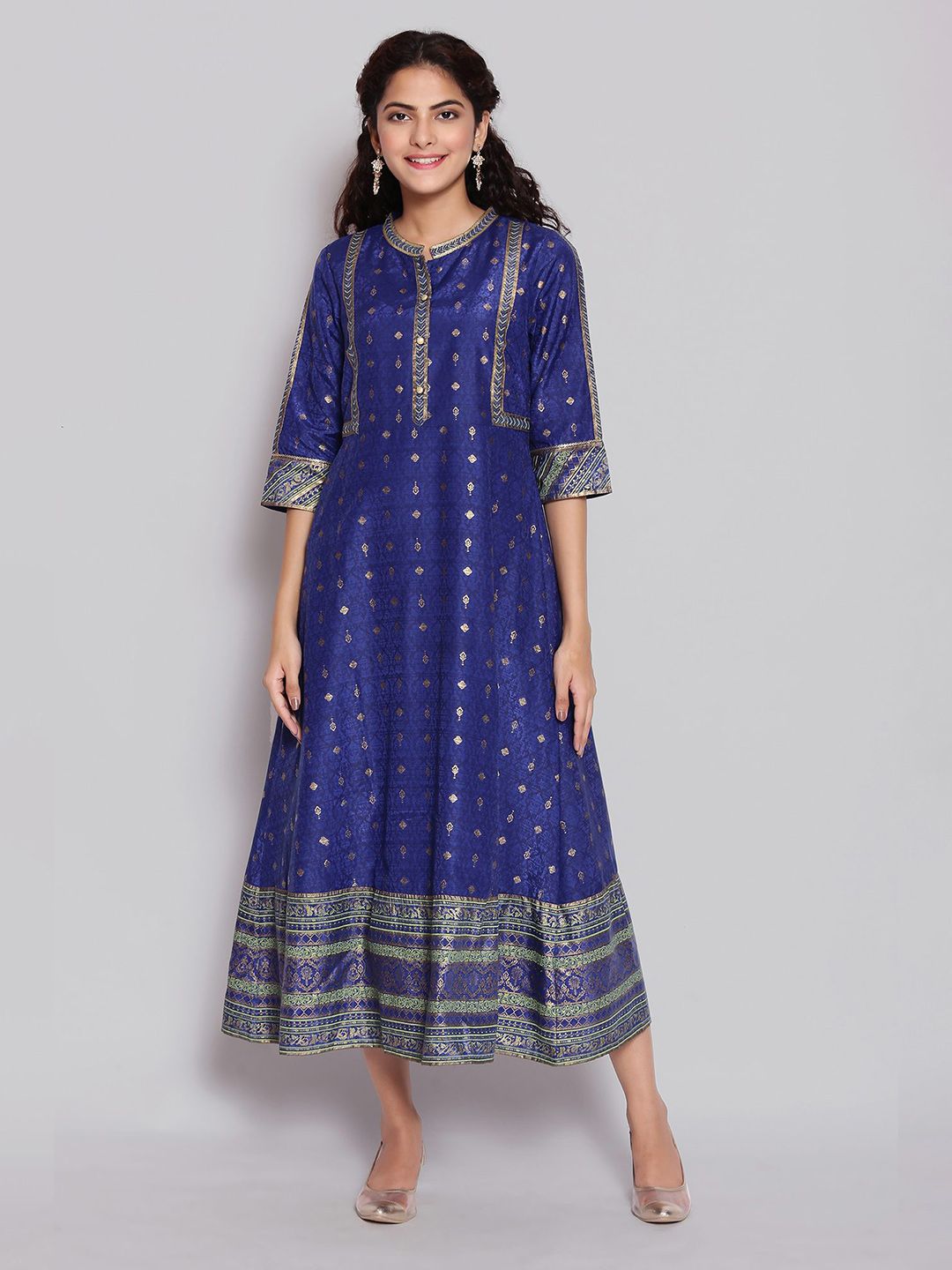 AURELIA Blue & Gold-Toned Ethnic Motifs Ethnic A-Line Midi Dress Price in India