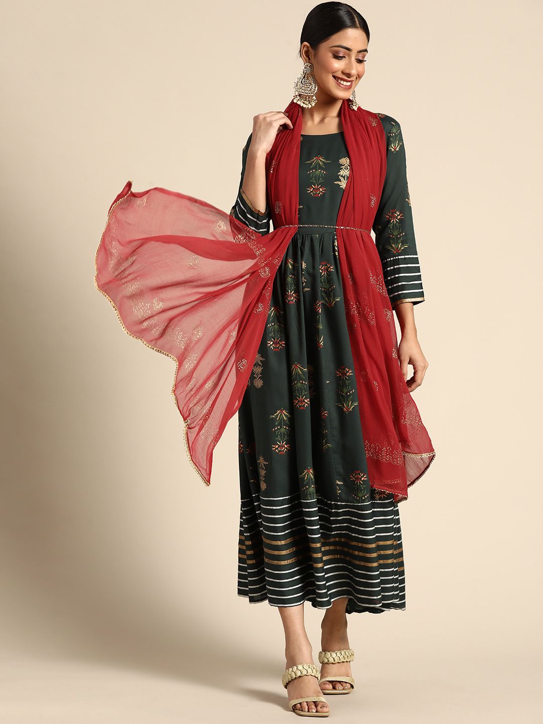 Sangria Green & Golden Floral Ethnic A-Line Maxi Dress With Dupatta Price in India