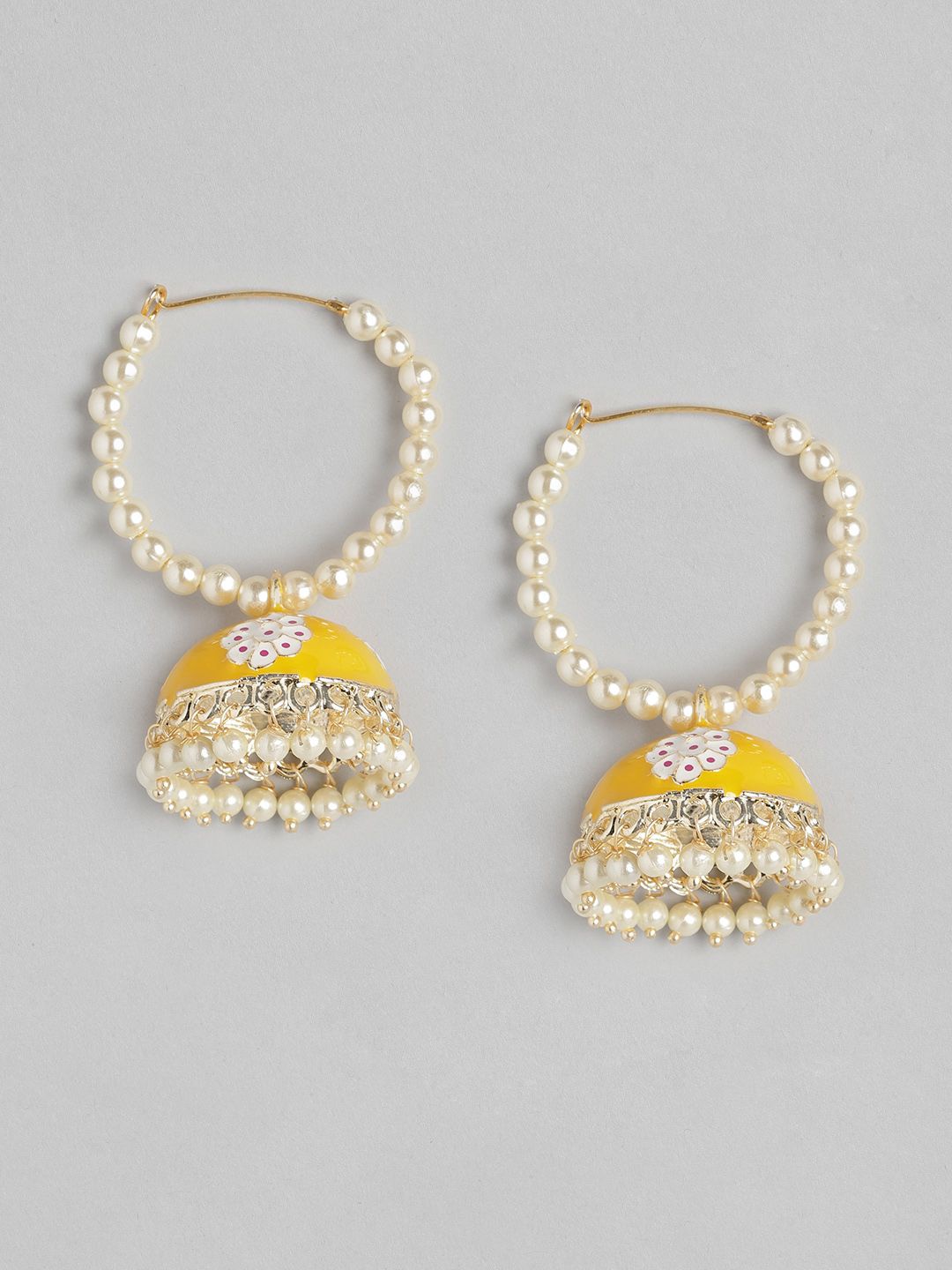 Anouk Yellow & Off-White Enamelled Beaded Dome Shaped Jhumkas Price in India