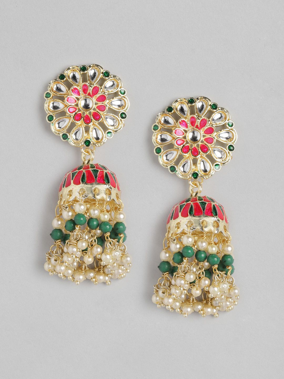 Anouk Pink & Gold-Toned Enamelled Stone-Studded & Beaded Floral Jhumkas Price in India