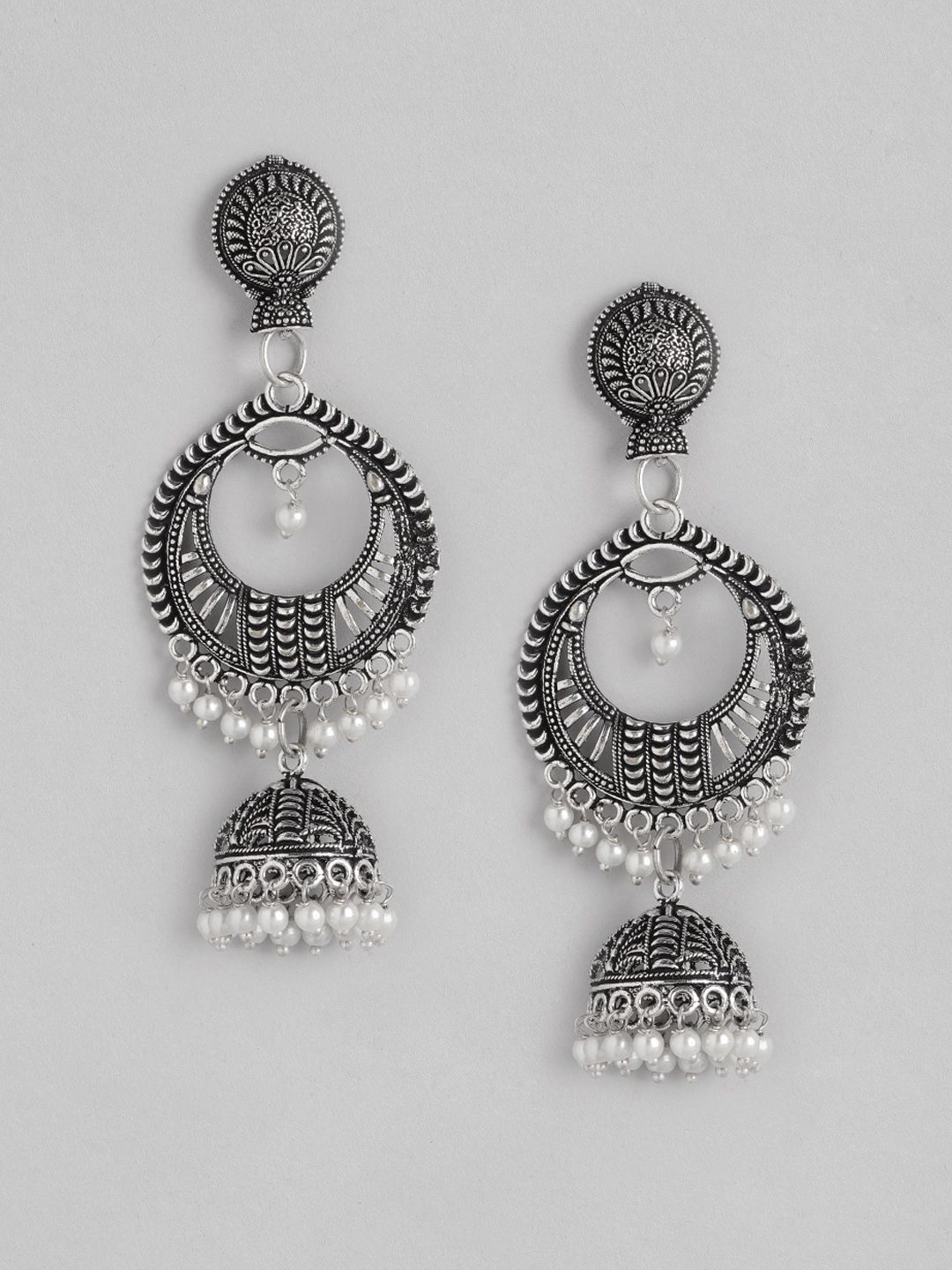 Anouk Oxidised Silver-Toned & White Textured Beaded Crescent Shaped Chandbalis Price in India