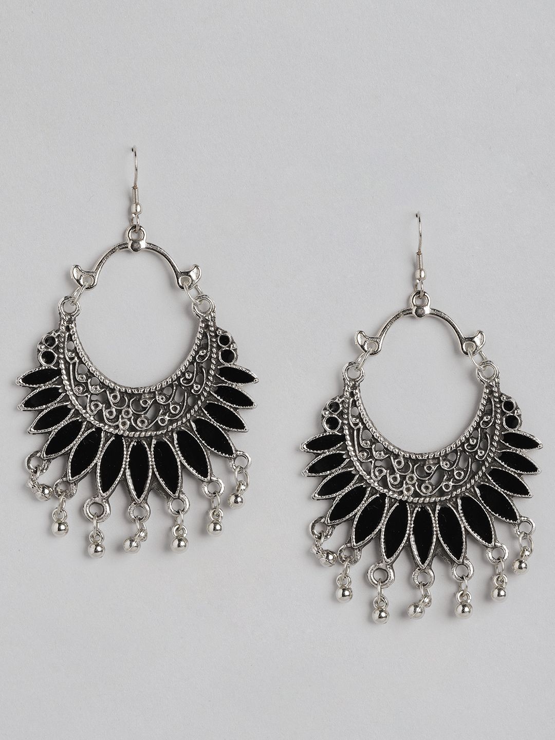 Anouk Oxidised Silver-Toned & Black Enamelled Crescent Shaped Chandbalis Price in India
