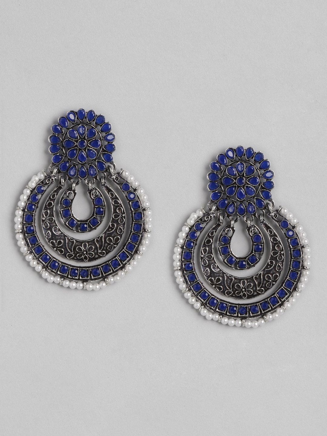 Anouk Blue & Silver-Toned Oxidised Stone Studded & Beaded Crescent Shaped Chandbalis Price in India