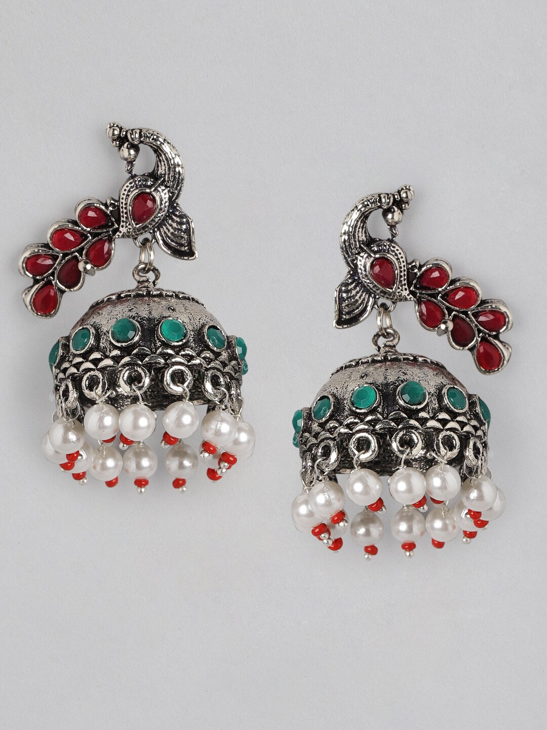 Anouk Oxidised Silver-Toned & Pink Stone Studded & Beaded Dome Shaped Jhumkas Price in India