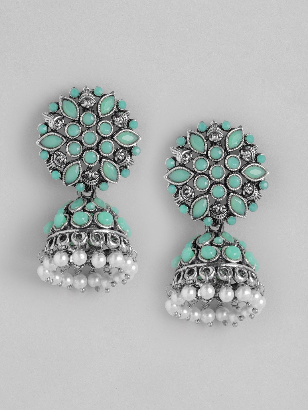 Anouk Sea Green & Silver-Toned Oxidised Stone Studded & Beaded Dome Shaped Jhumkas Price in India