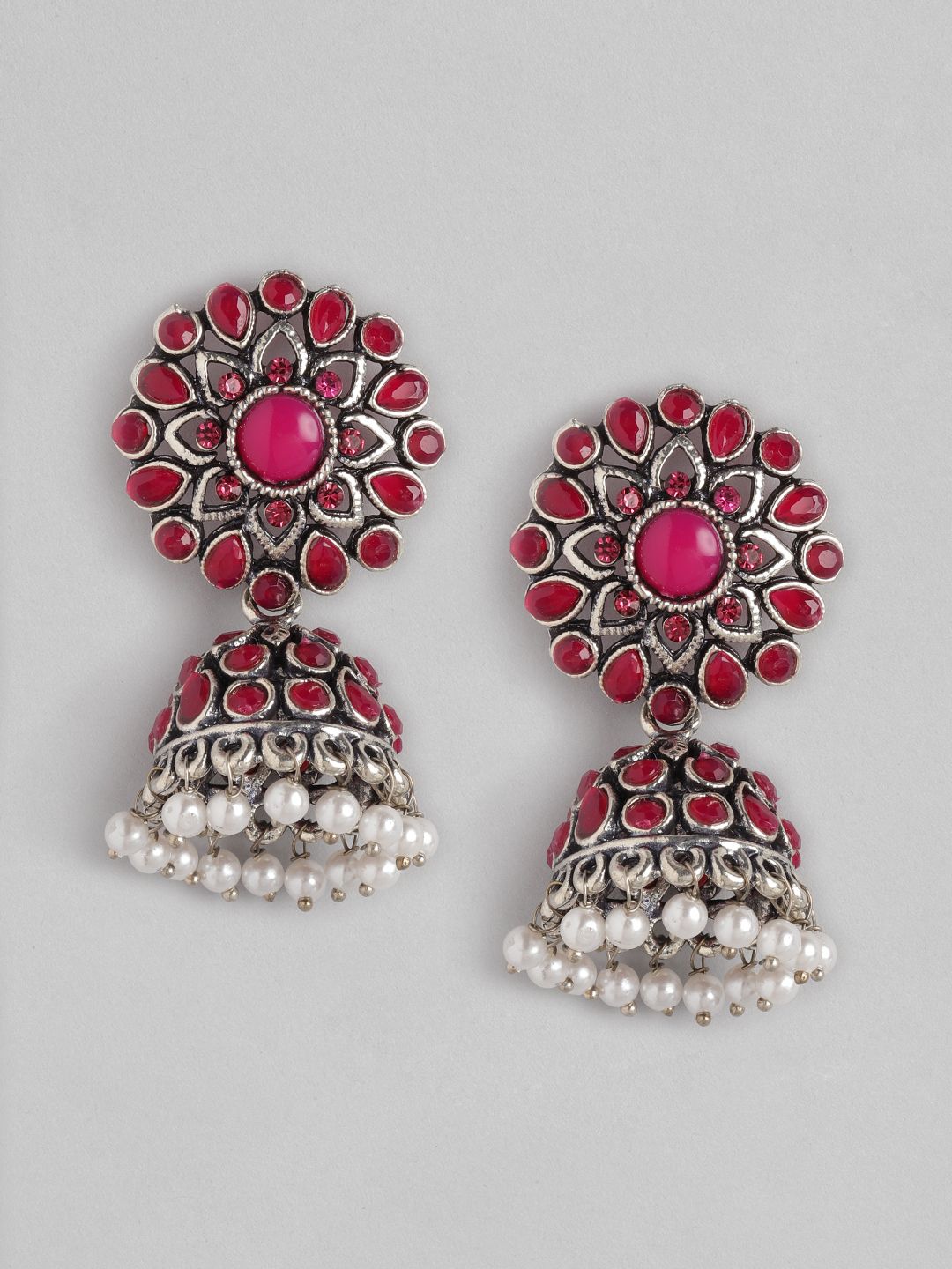Anouk Oxidised Silver-Toned & Pink Stone Studded & Beaded Dome Shaped Jhumkas Earrings Price in India
