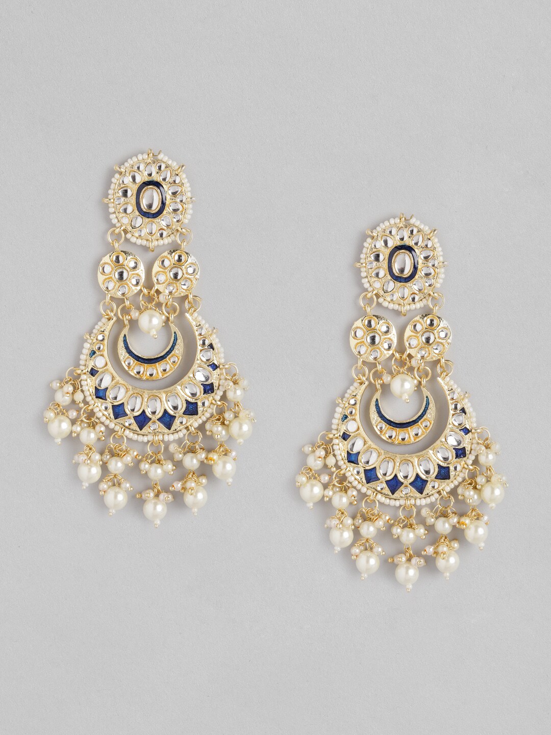 Anouk Gold-Toned & Navy Blue Crescent Shaped Stone Studded & Beaded Chandbalis Price in India