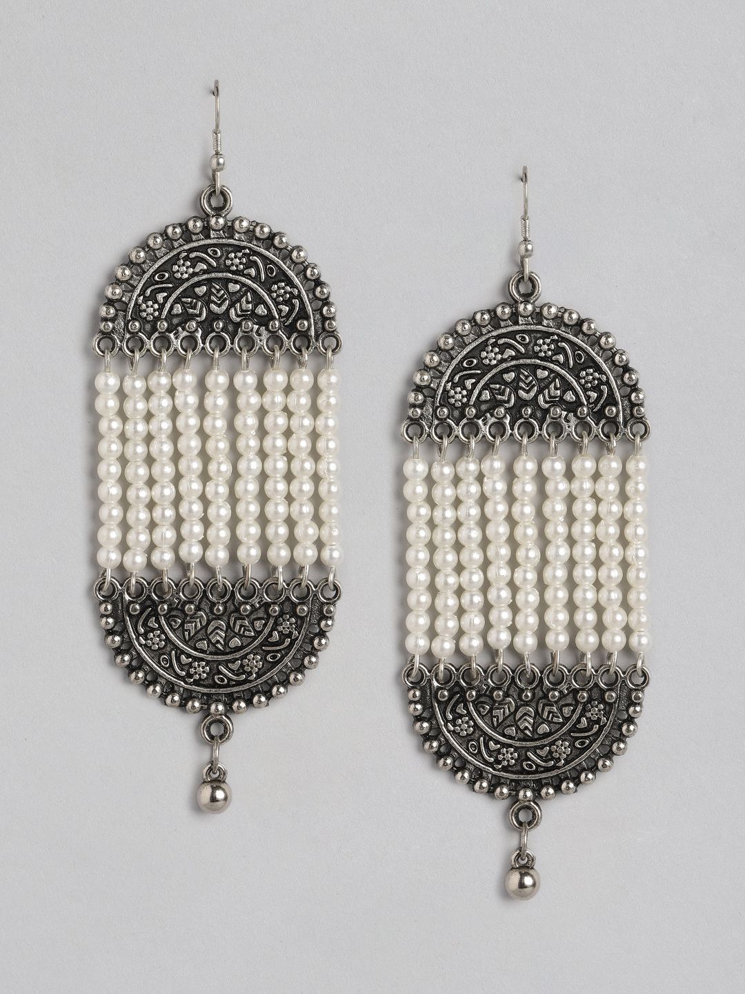 Anouk Silver-Toned & Off White Oxidised Beaded Contemporary Drop Earrings Price in India