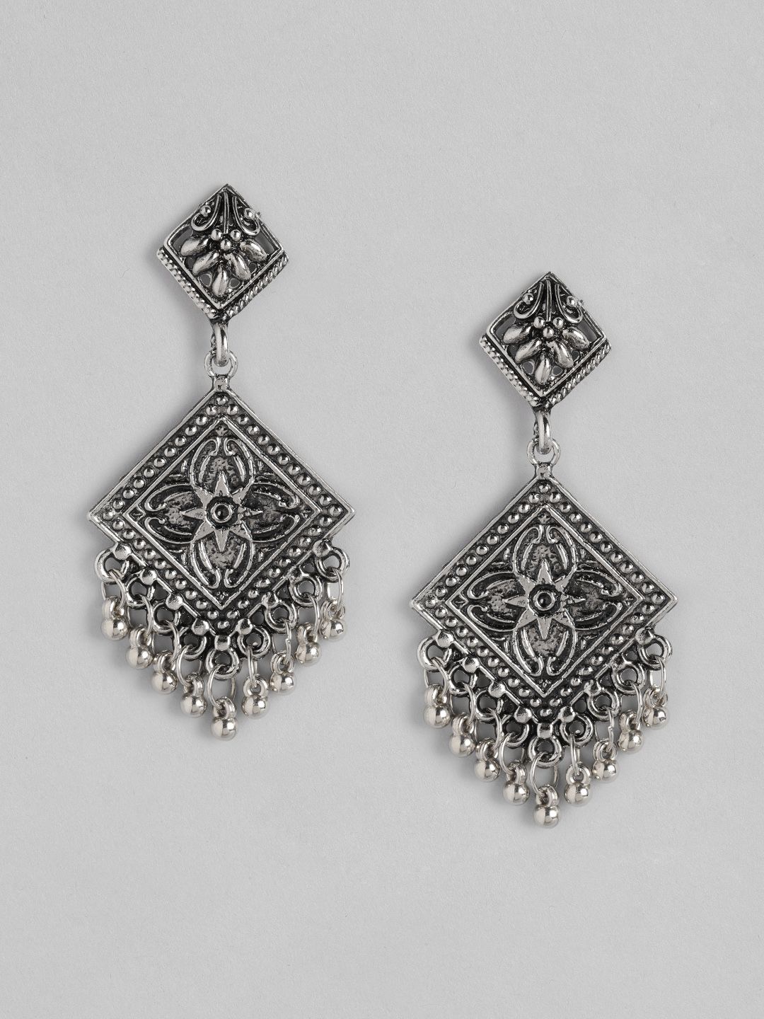 Anouk Oxidised Silver-Toned Diamond Shaped Drop Earrings Price in India