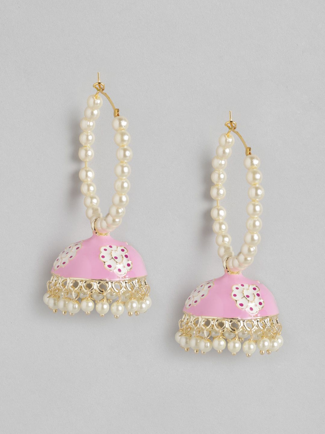 Anouk Pink & Off-White Enamelled Beaded Dome Shaped Jhumkas Price in India