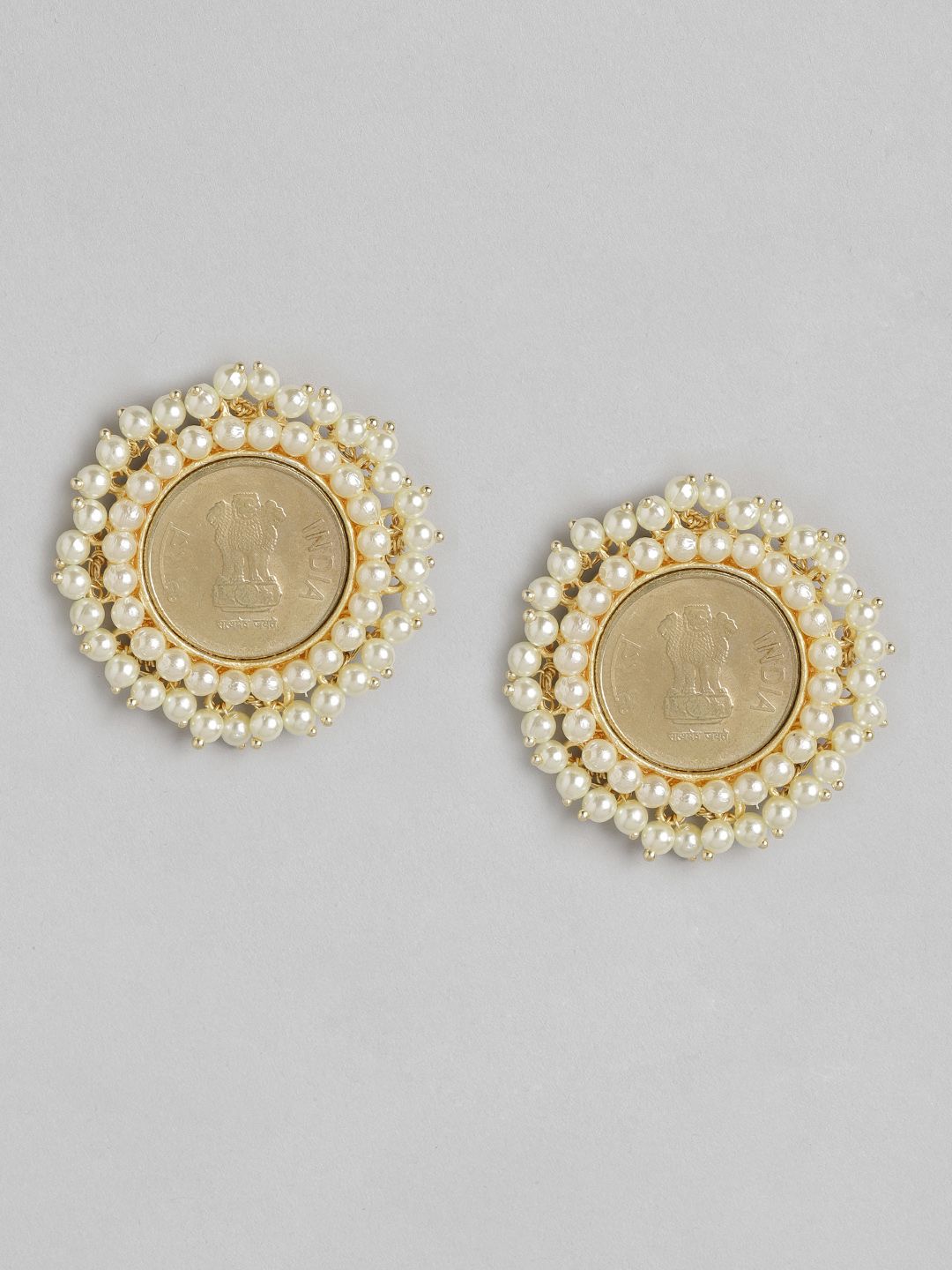 Anouk Gold-Toned & White Circular Studs Earrings with Coin Facination Price in India