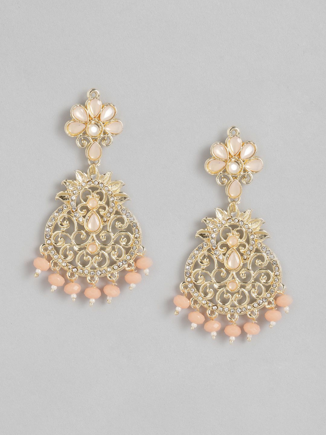 Anouk Gold-Toned & Peach-Coloured Stone Studded & Beaded Classic Drop Earrings Price in India