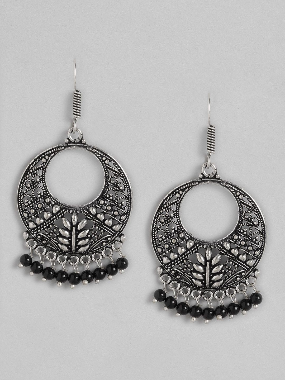 Anouk Oxidised Silver-Toned & Black Beaded Crescent Shaped Chandbalis Price in India