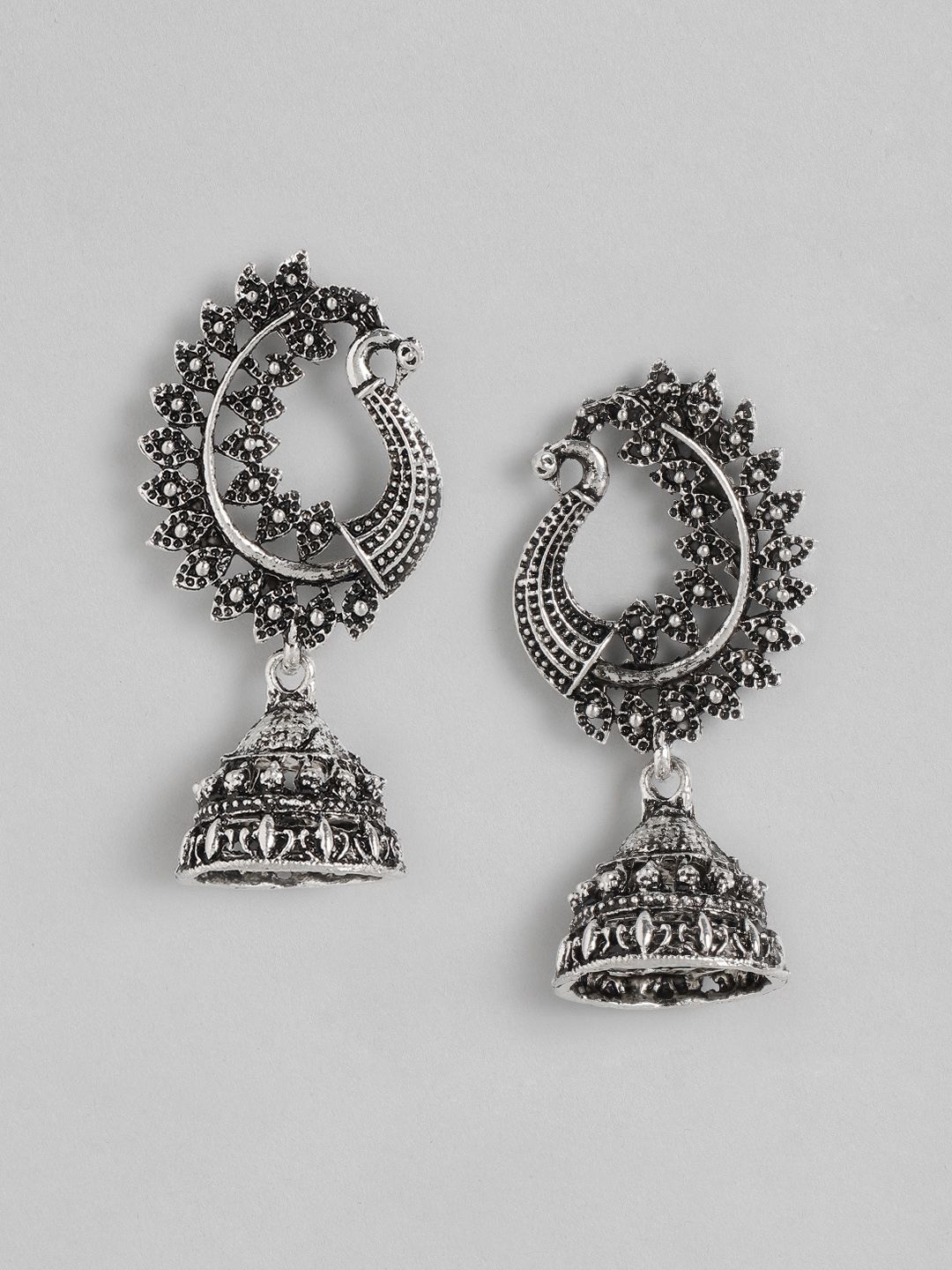 Anouk Silver-Toned Oxidised Peacock Shaped Jhumkas Price in India