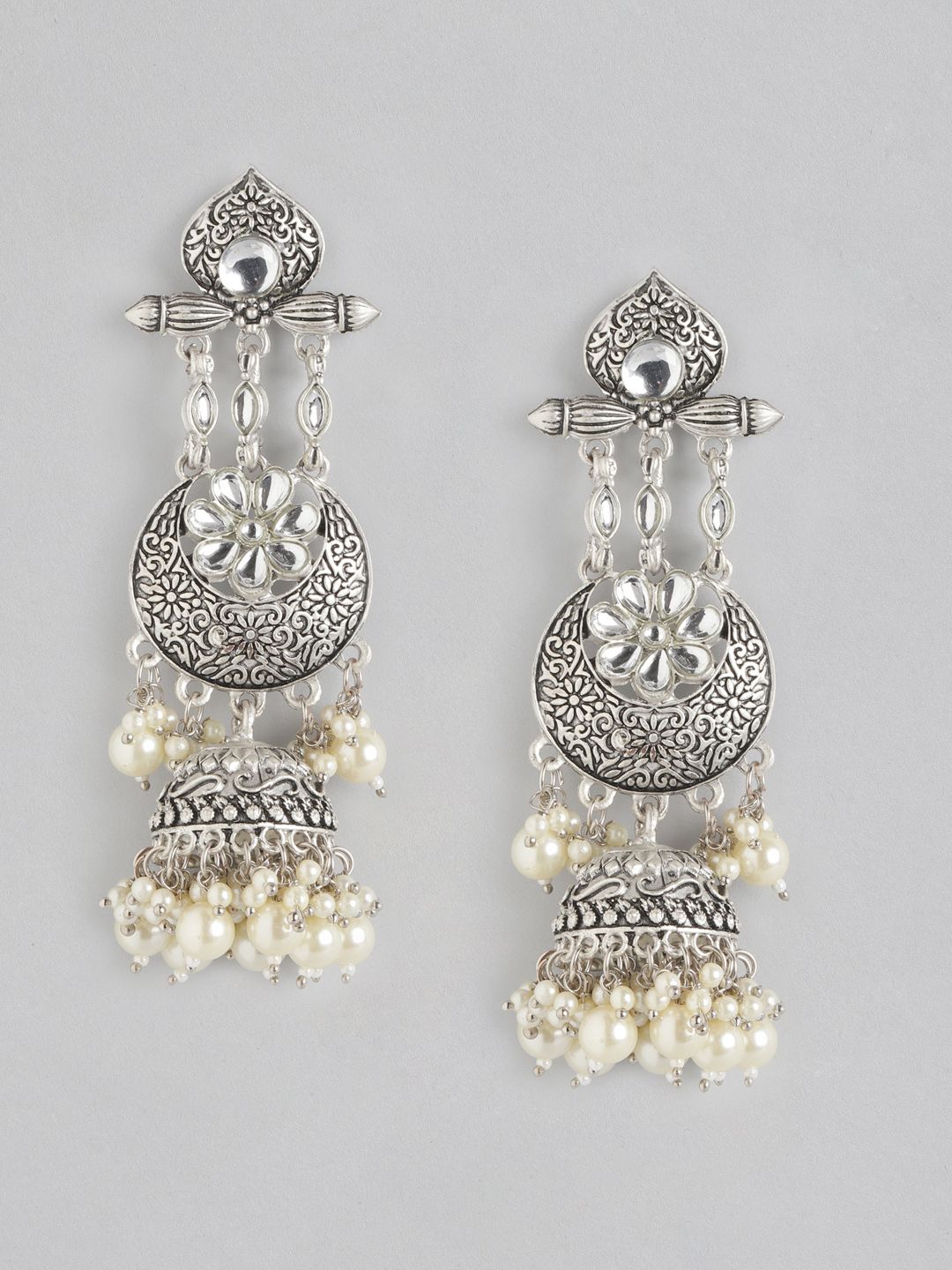 Anouk Silver-Toned & Off White Oxidized Stone Studded & Beaded Crescent Shaped Chandbalis Price in India