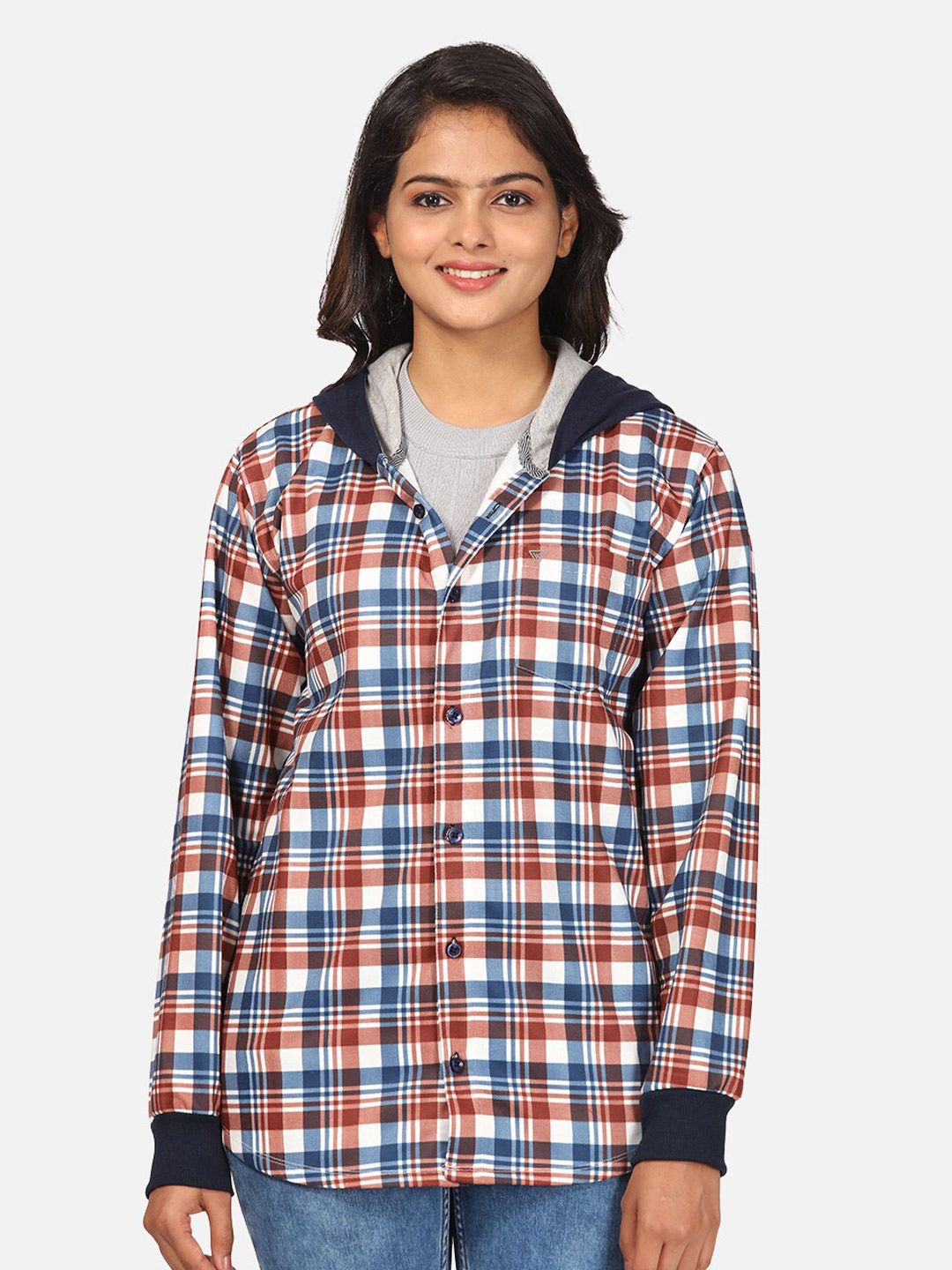 HELLCAT Women Maroon & White Checked Hooded Fleece Sweatshirt Price in India