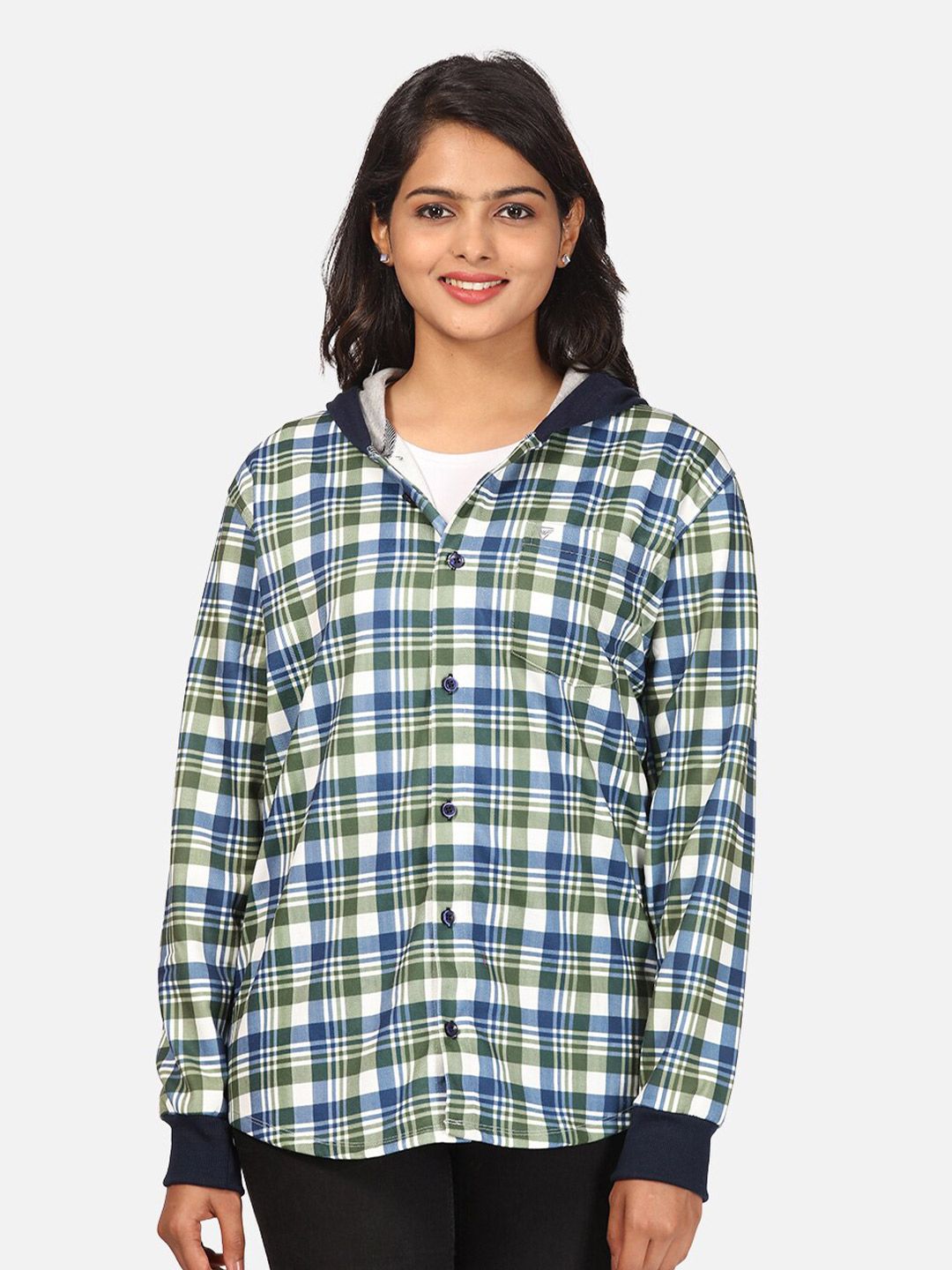 HELLCAT Women Green Checked Hooded Fleece Sweatshirt Price in India