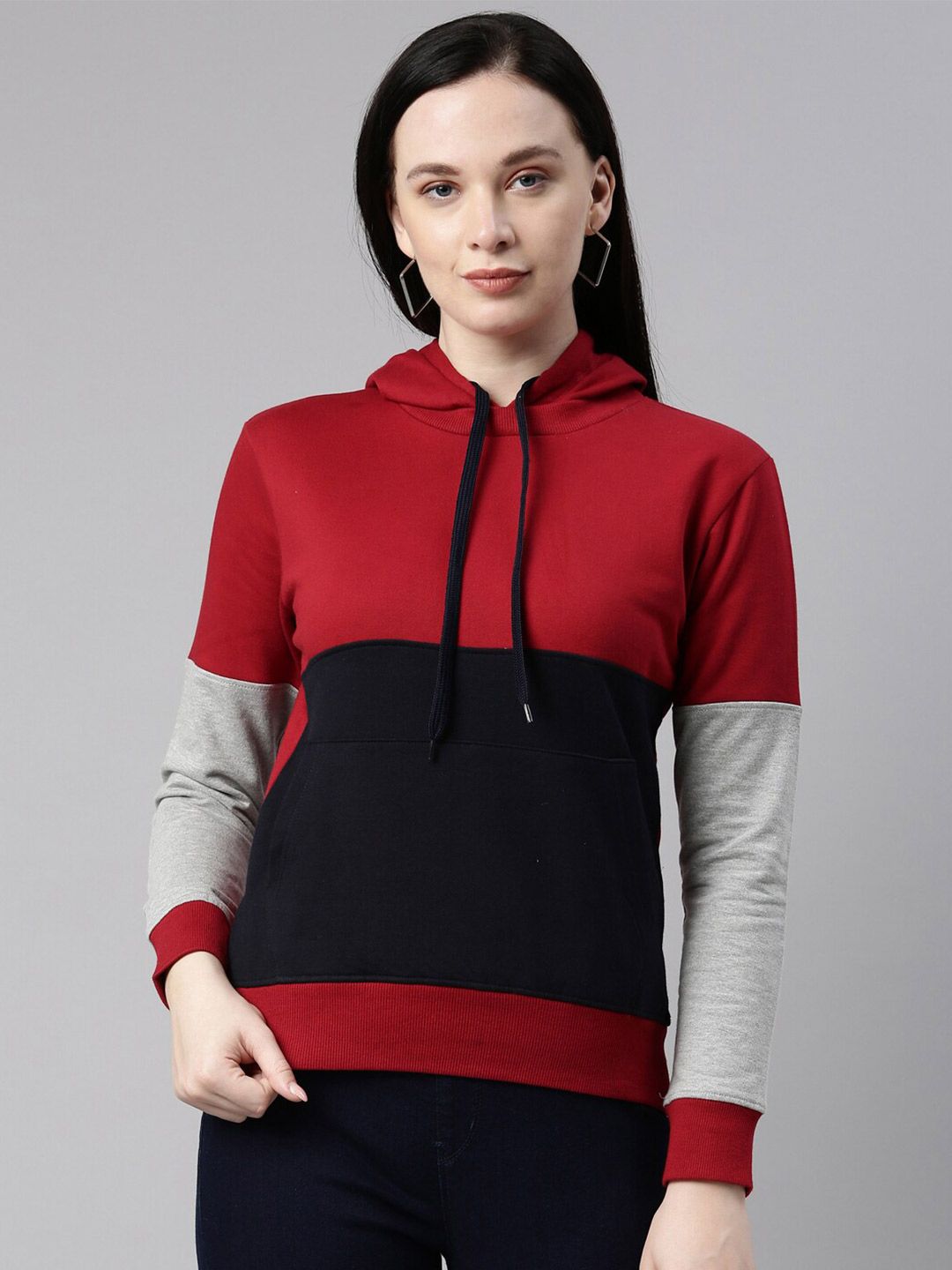 Bailey sells Women Red & Navy Blue Colourblocked Hooded Pure Cotton Sweatshirt Price in India