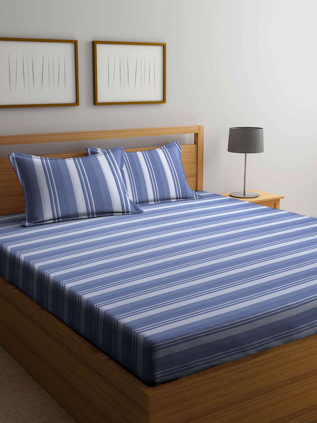 KLOTTHE Blue & Grey Striped Cotton 210 TC King Bedsheet With 2 Pillow Covers Price in India