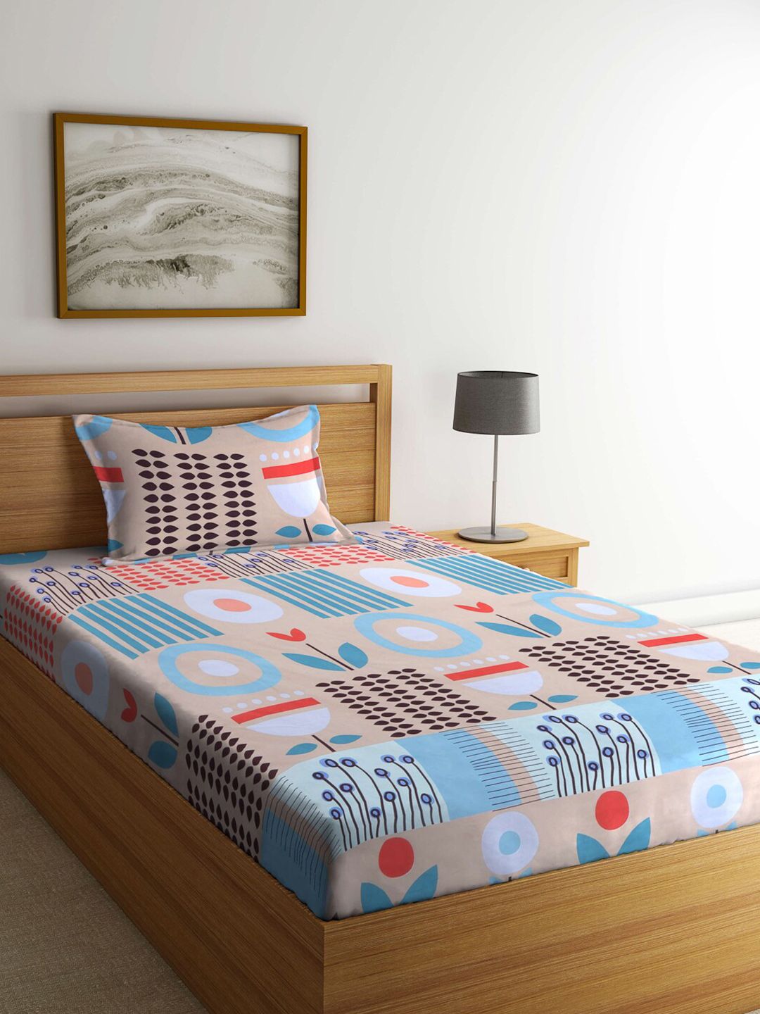 KLOTTHE Grey & Blue Geometric 210 TC Single Bedsheet with 1 Pillow Covers Price in India