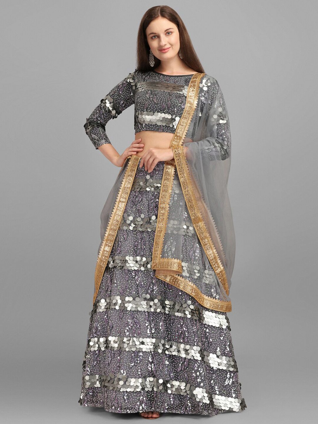 JATRIQQ Grey & Silver-Toned Embellished Sequinned Ready to Wear Lehenga & Unstitched Blouse With Dupatta Price in India