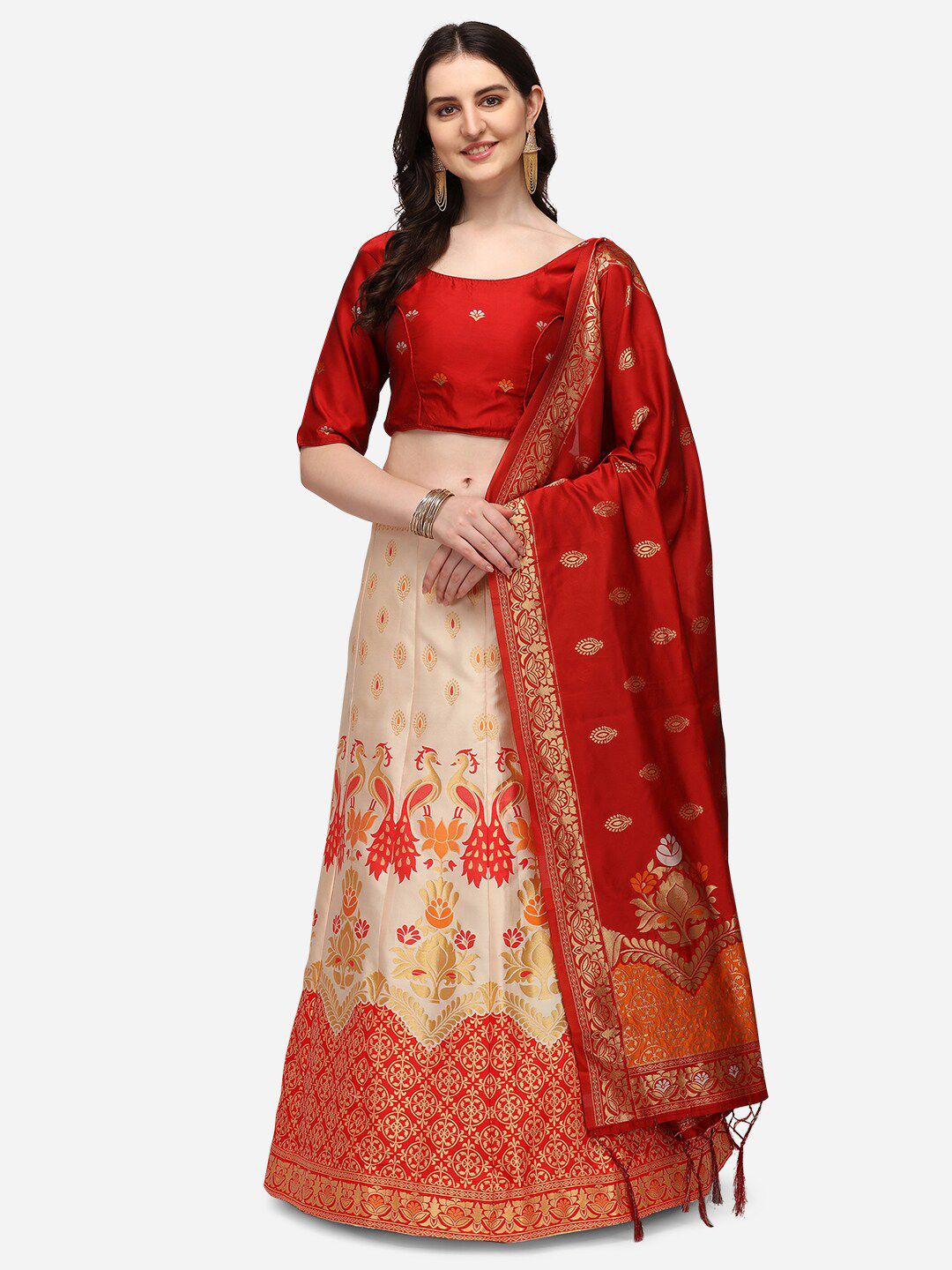 JATRIQQ Cream & Red Woven Design Semi-Stitched Lehenga & Unstitched Blouse & Dupatta Price in India