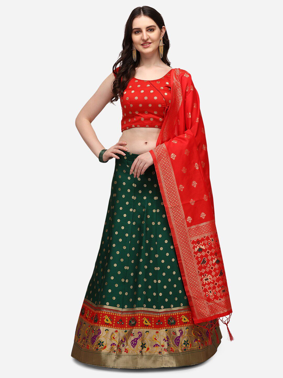 JATRIQQ Green & Gold-Toned Semi Stitched Lehenga & Stitched Blouse With Dupatta Set Price in India