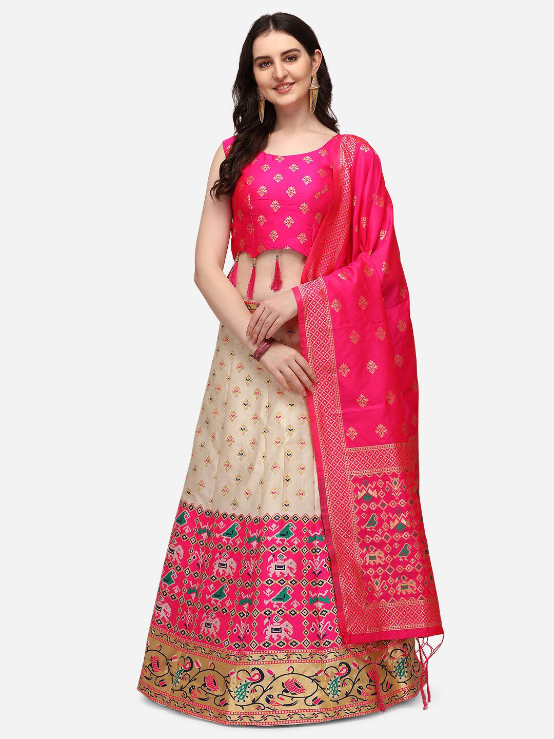 JATRIQQ Cream & Pink Woven Design Semi-Stitched Lehenga & Unstitched Blouse & Dupatta Price in India