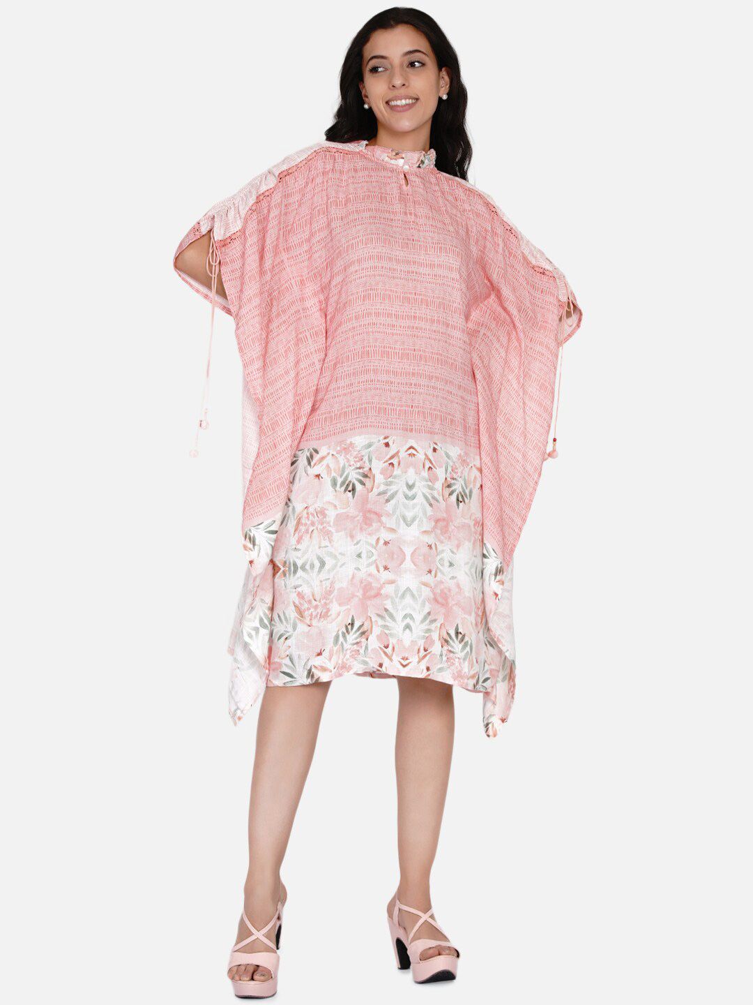 The Kaftan Company Pink & White Pinstripe Brushed Floral Frilled Neck Kaftan Dress Price in India