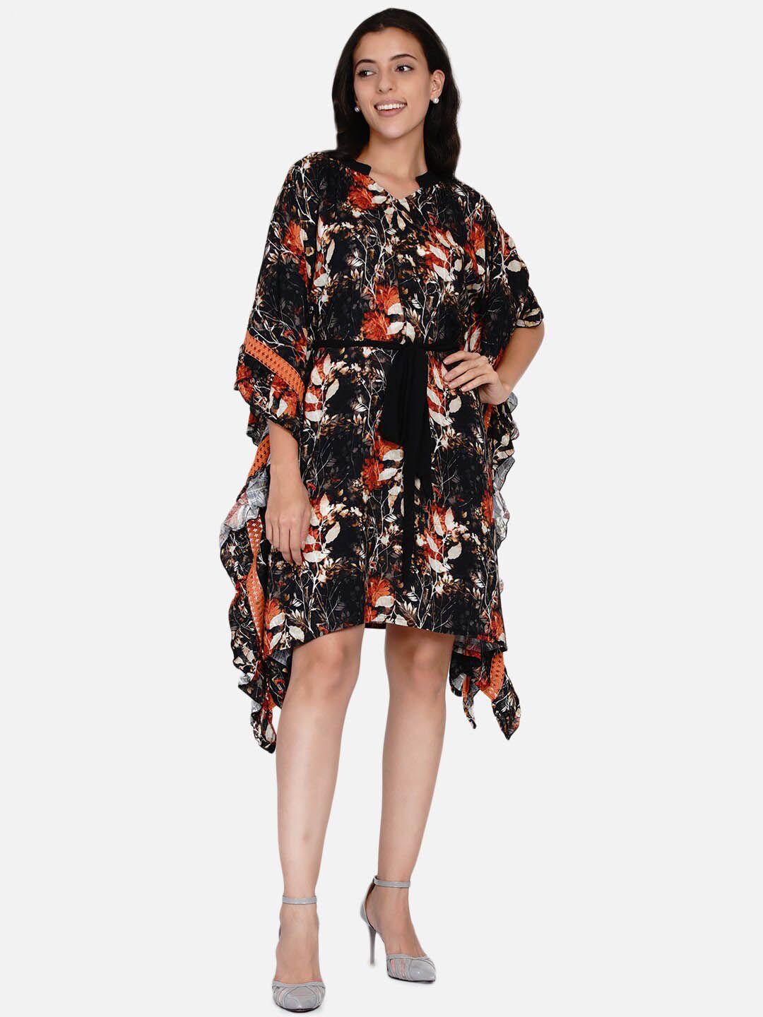 The Kaftan Company Black & Orange Floral Kaftan Midi Dress with Belt Price in India