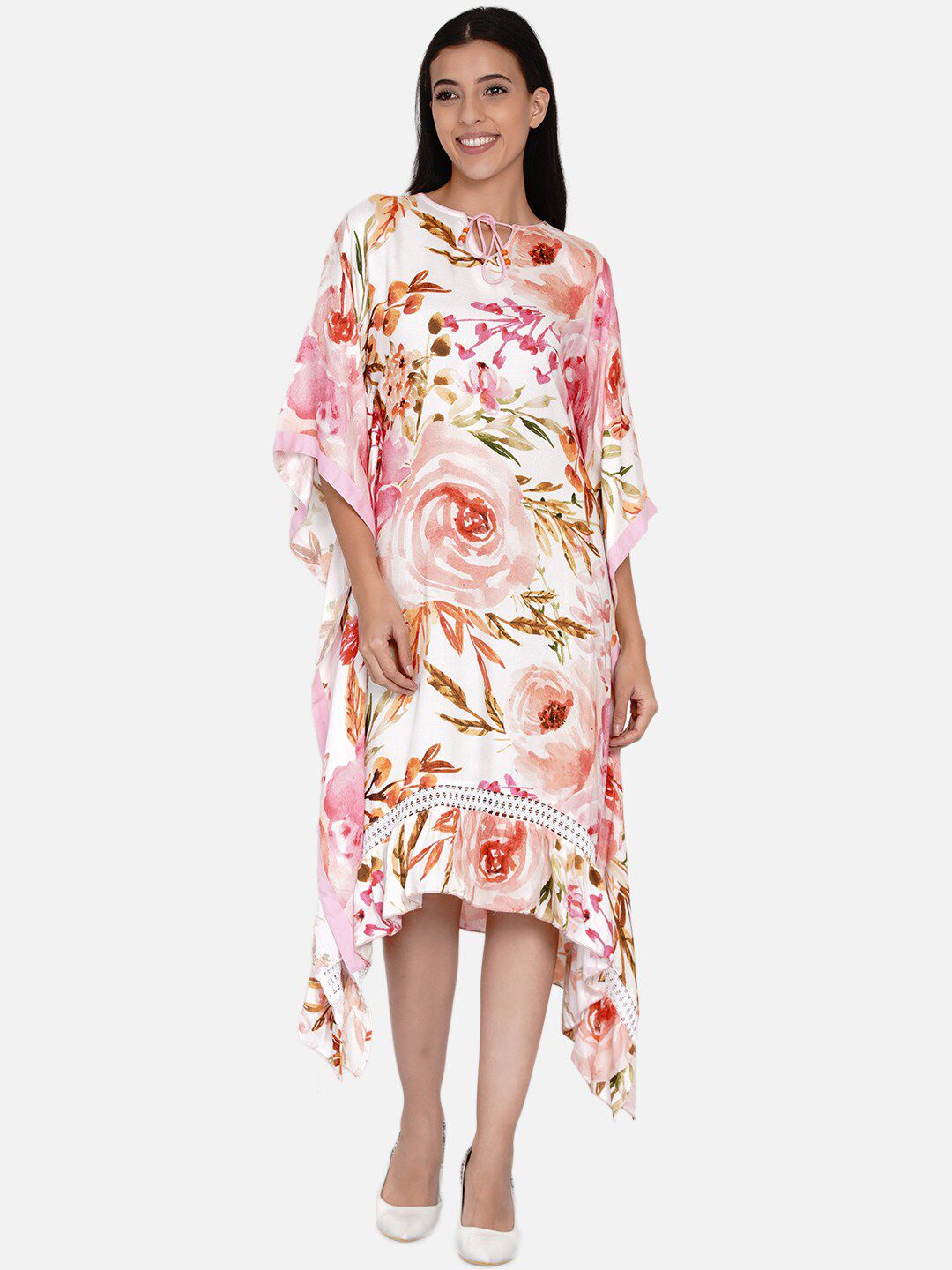 The Kaftan Company White & Pink Floral Keyhole Neck A-Line Midi Dress Price in India