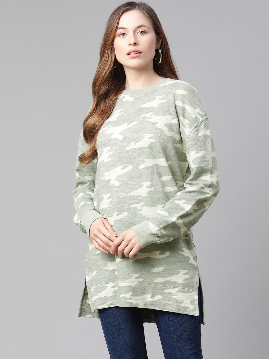 Marks & Spencer Women Green & Beige Pure Cotton Camouflage Print Longline Sweatshirt Price in India