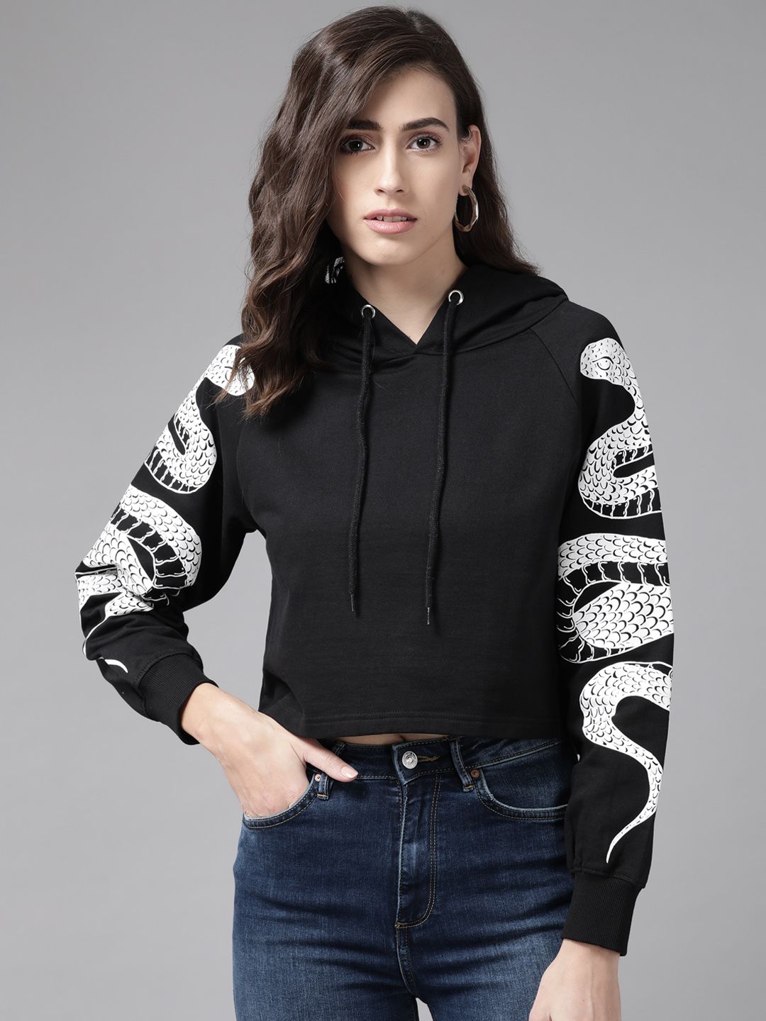 The Dry State Women Black Snake Printed Fleece Hooded Crop Sweatshirt Price in India