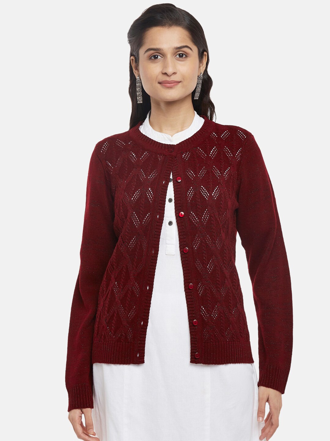 RANGMANCH BY PANTALOONS Women Maroon Self Design Cardigan Price in India