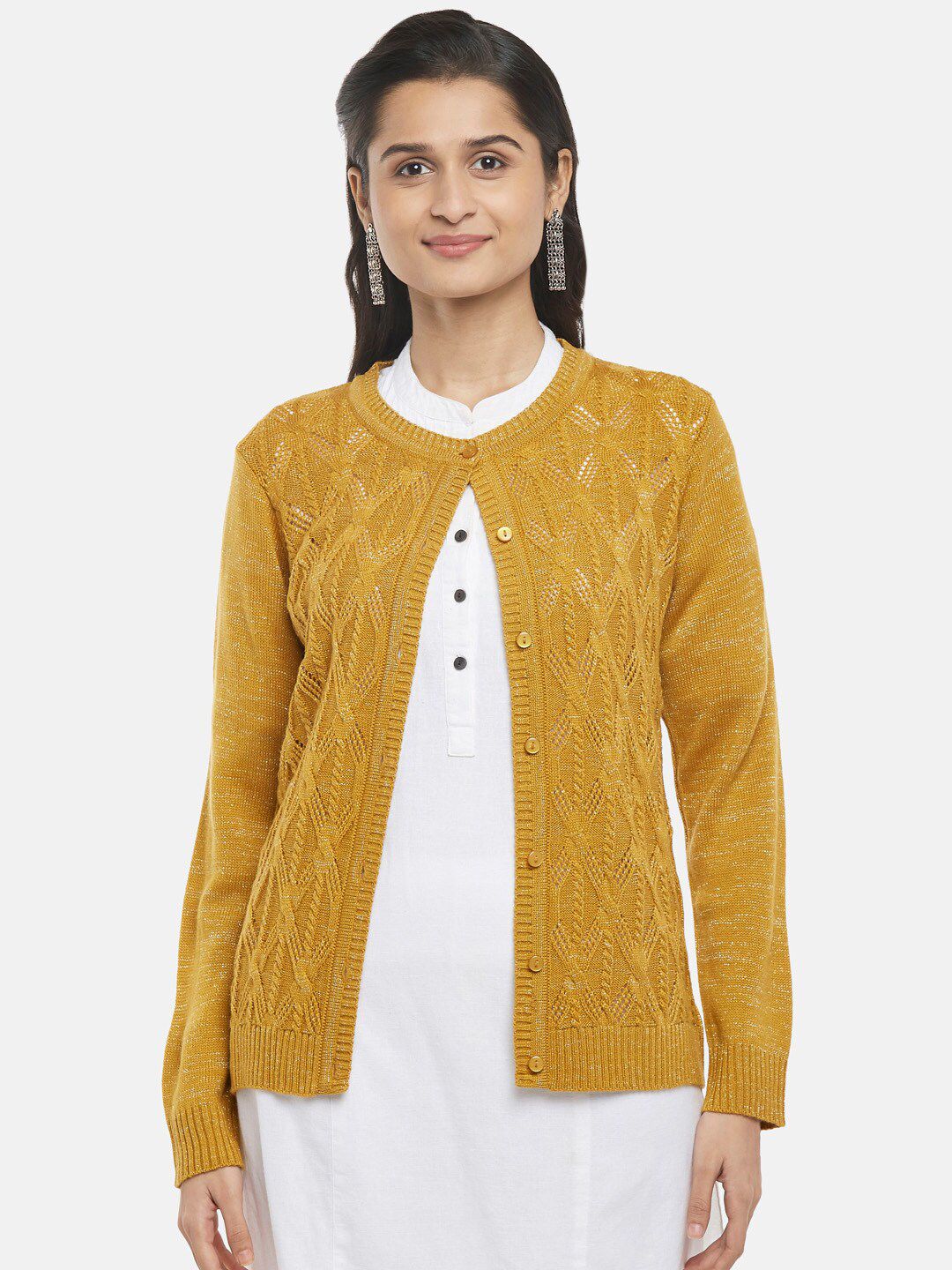 RANGMANCH BY PANTALOONS Women Mustard Cable Knit Pure Acrylic Cardigan Price in India