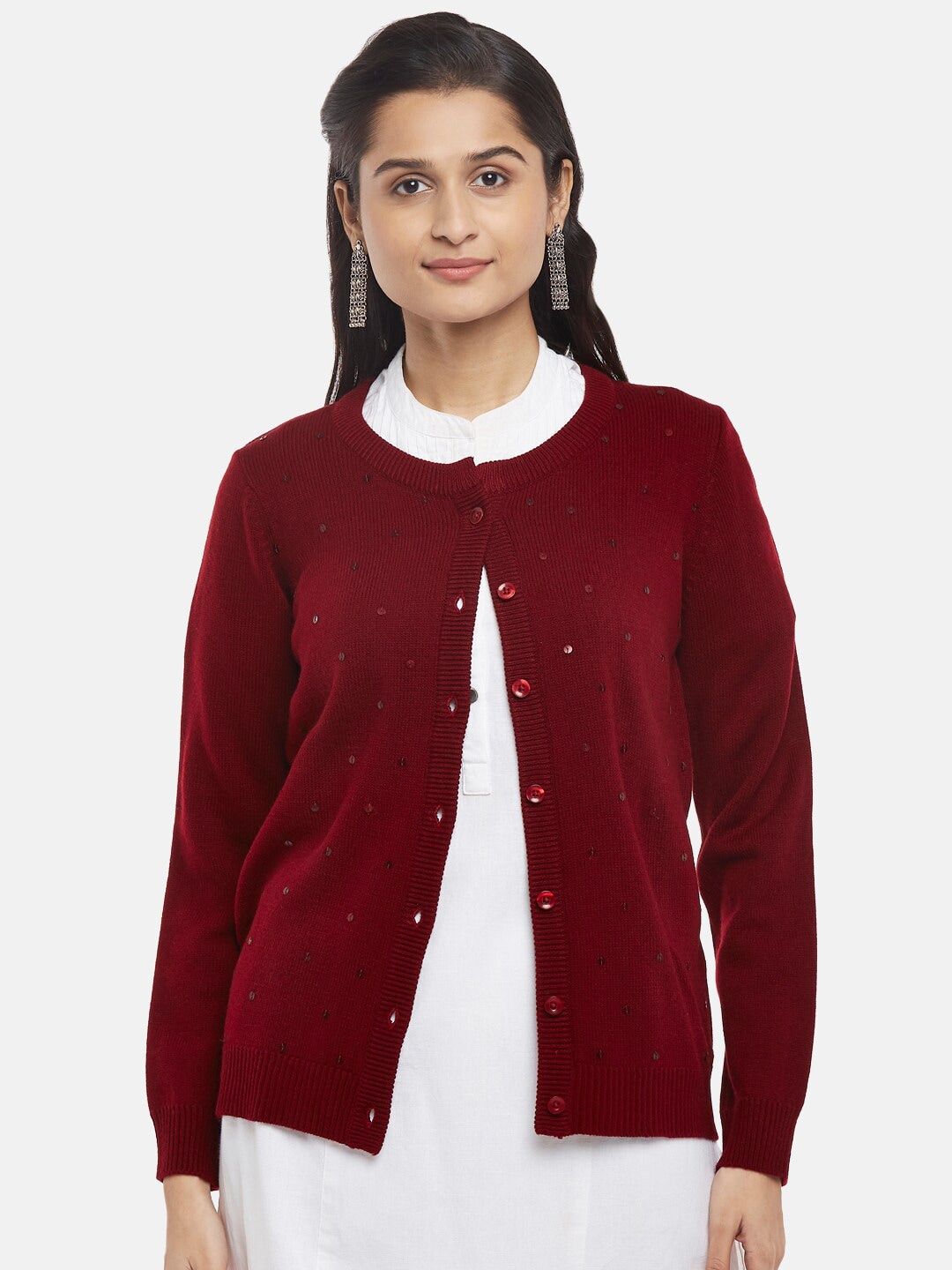 RANGMANCH BY PANTALOONS Women Maroon Ribbed Acrylic Cardigan with Embellished Detail Price in India