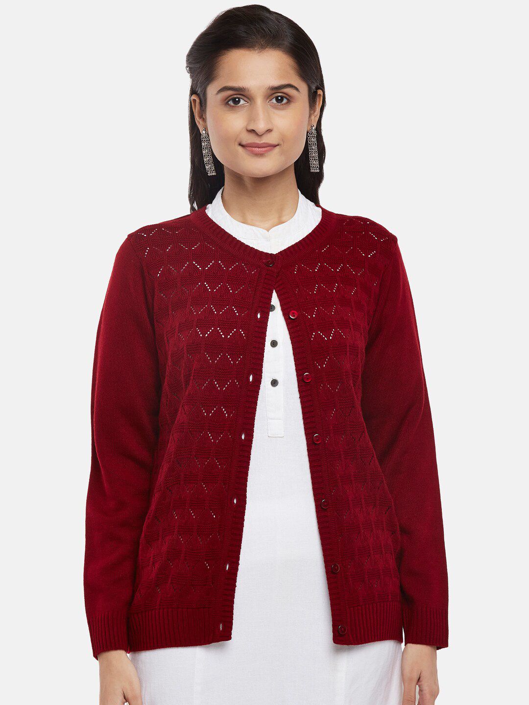 RANGMANCH BY PANTALOONS Women Red Self Design Cardigan Price in India