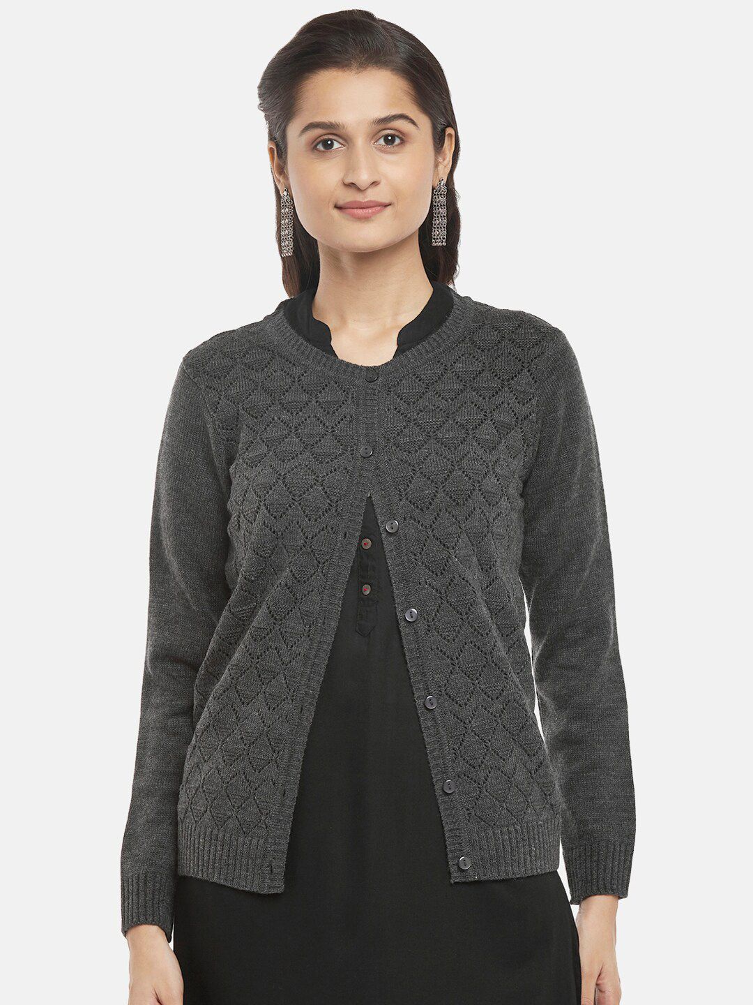 RANGMANCH BY PANTALOONS Women Charcoal Self Designed Acrylic Cardigan Sweater Price in India