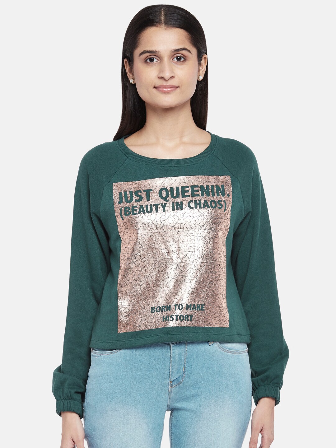 People Women Green Printed Pure Cotton Sweatshirt Price in India