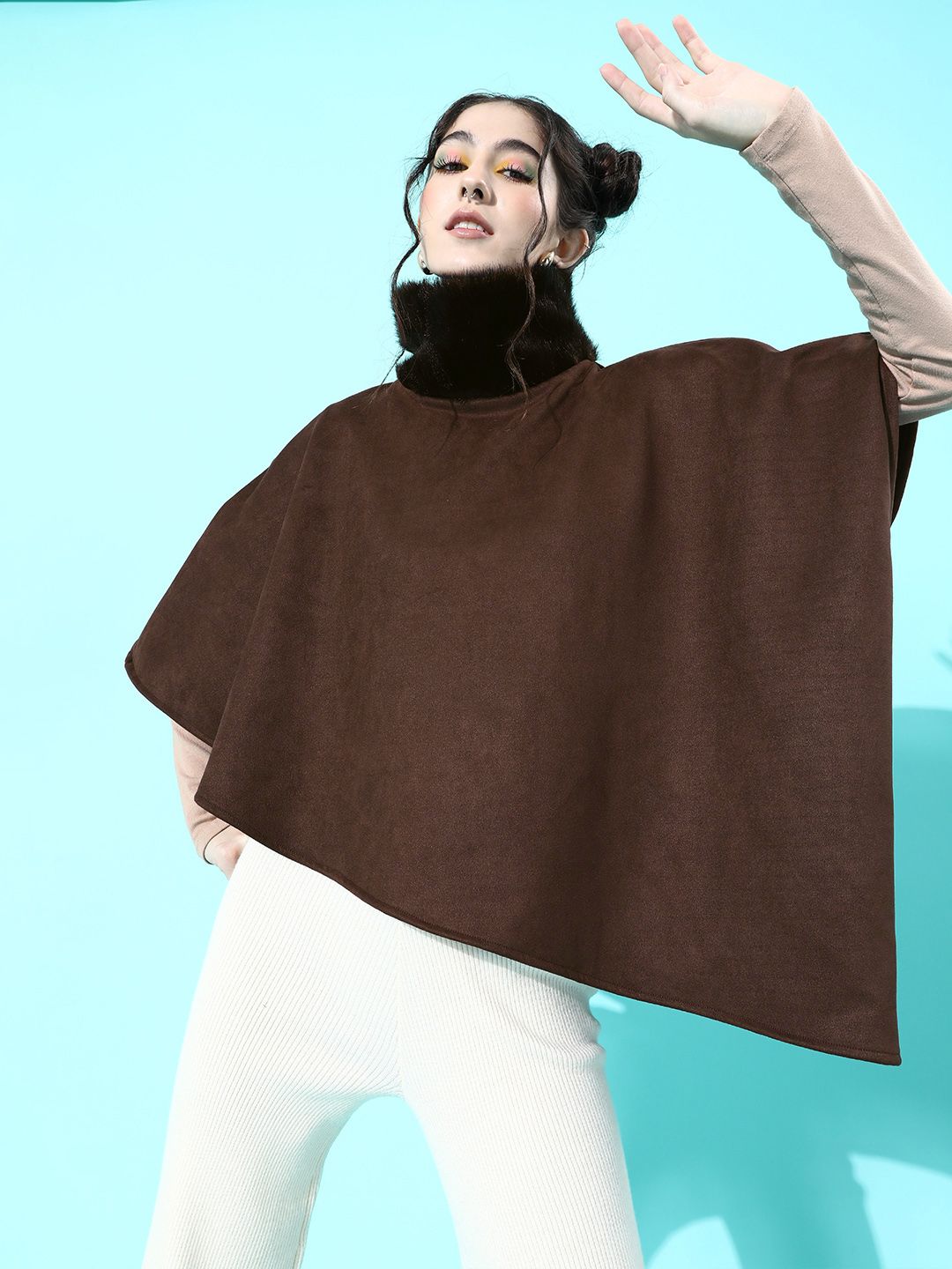 Athena Woman Elegant Coffee Brown Solid Poncho Jacket Price in India