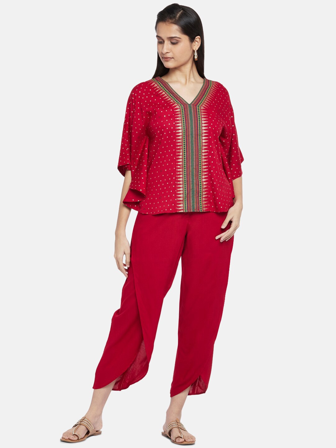 AKKRITI BY PANTALOONS Maroon Kaftan Top with Trousers Price in India