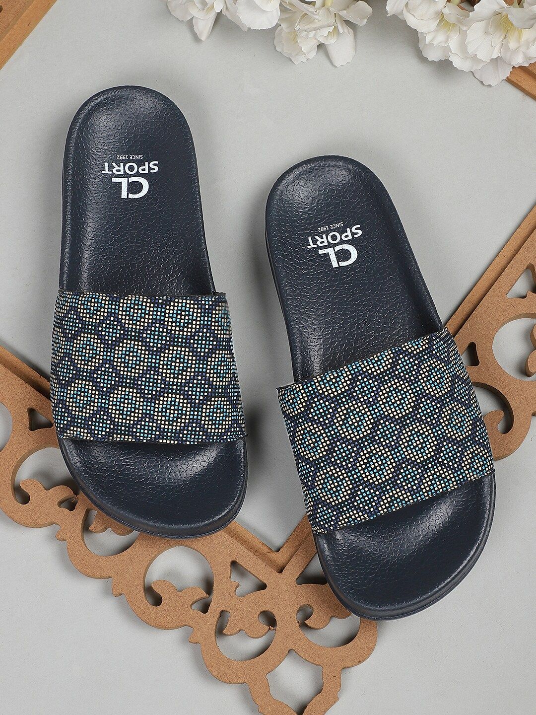 Carlton London sports Women Navy Blue & White Printed Sliders Price in India