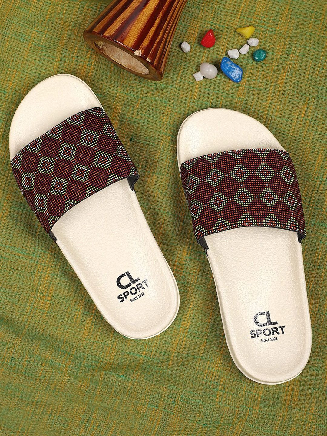 Carlton London sports Women Beige & Cream-Coloured Printed Sliders Price in India