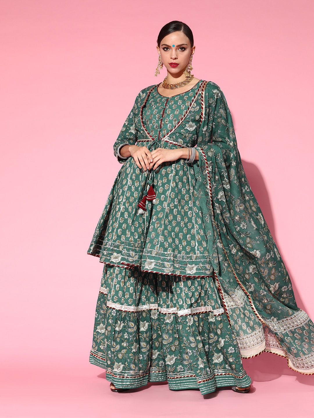 Ishin Women Green Floral Embroidered Regular Gotta Patti Pure Cotton Kurta with Sharara & With Dupatta Price in India