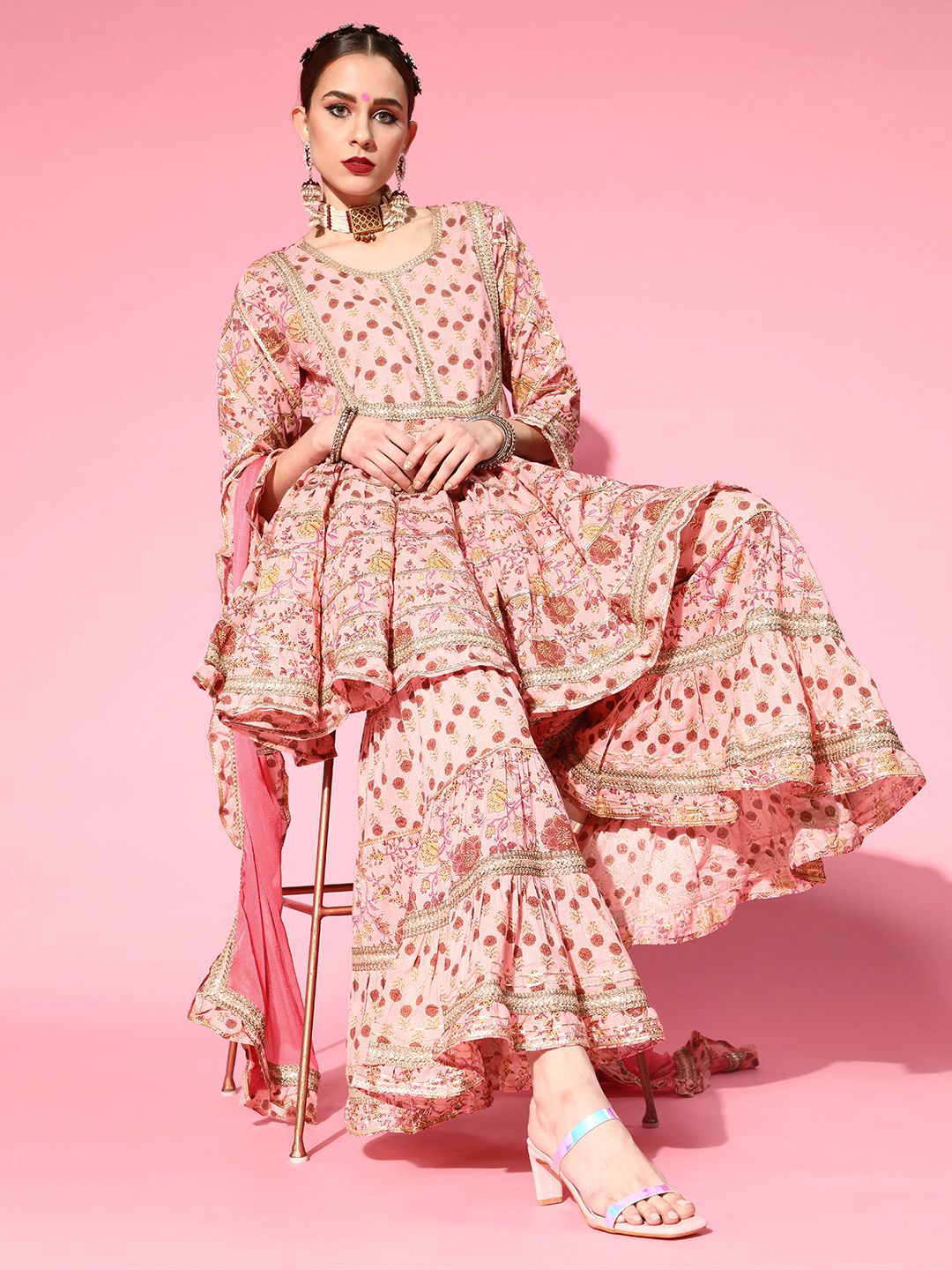 Ishin Women Peach-Coloured Floral Embroidered Regular Gotta Patti Pure Cotton Kurta with Sharara & With Price in India