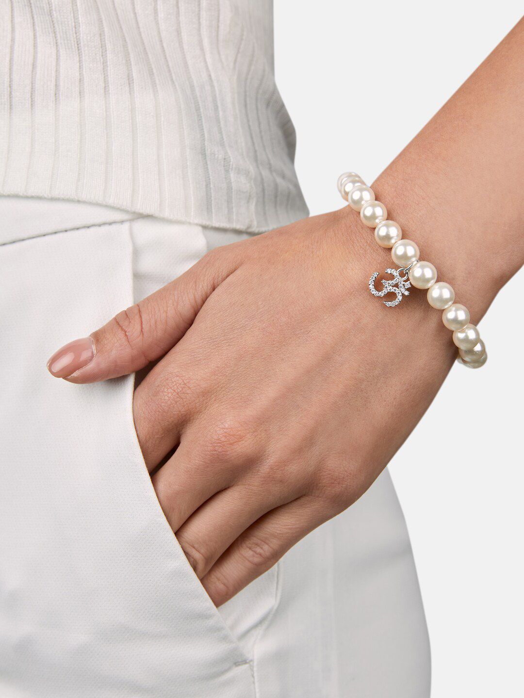 MINUTIAE Women Silver-Toned & Cream-Coloured Brass Silver-Plated Charm Bracelet Price in India