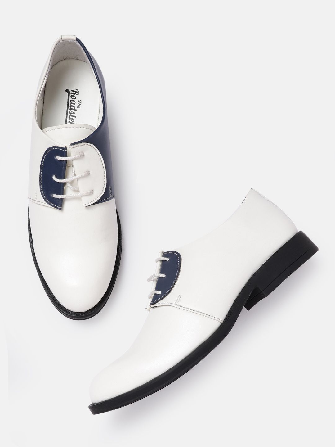 Roadster Women White & Navy Blue Colourblocked Derbys Price in India