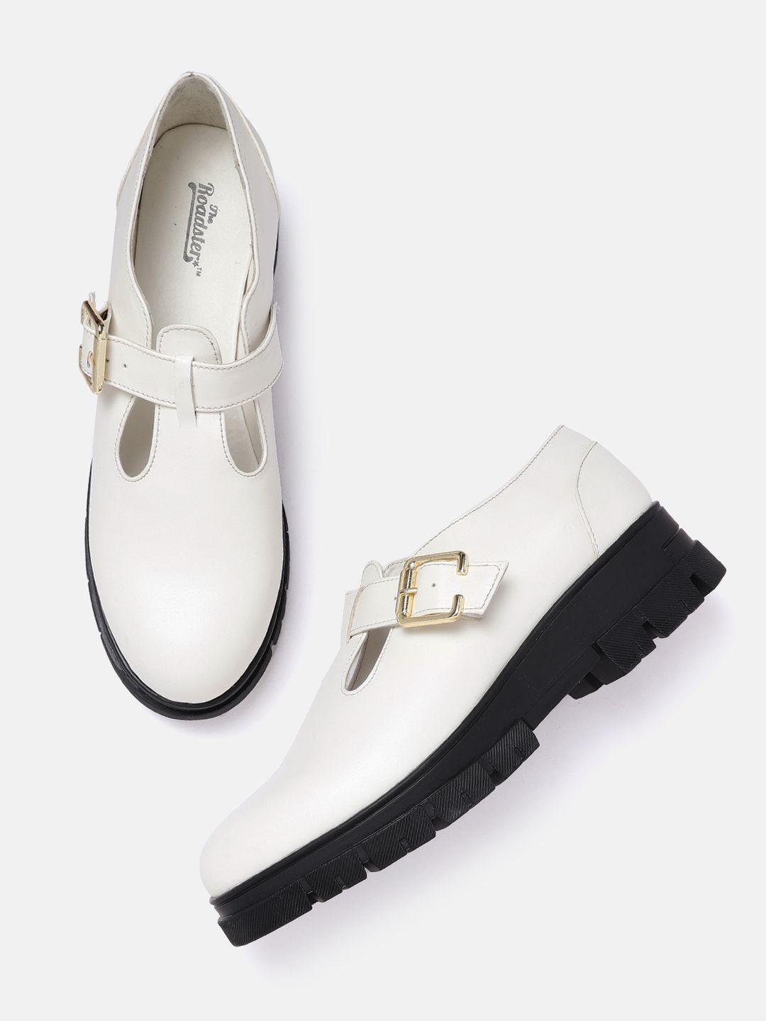 Roadster Women White Contrast Sole Loafers with Buckle Closure Price in India