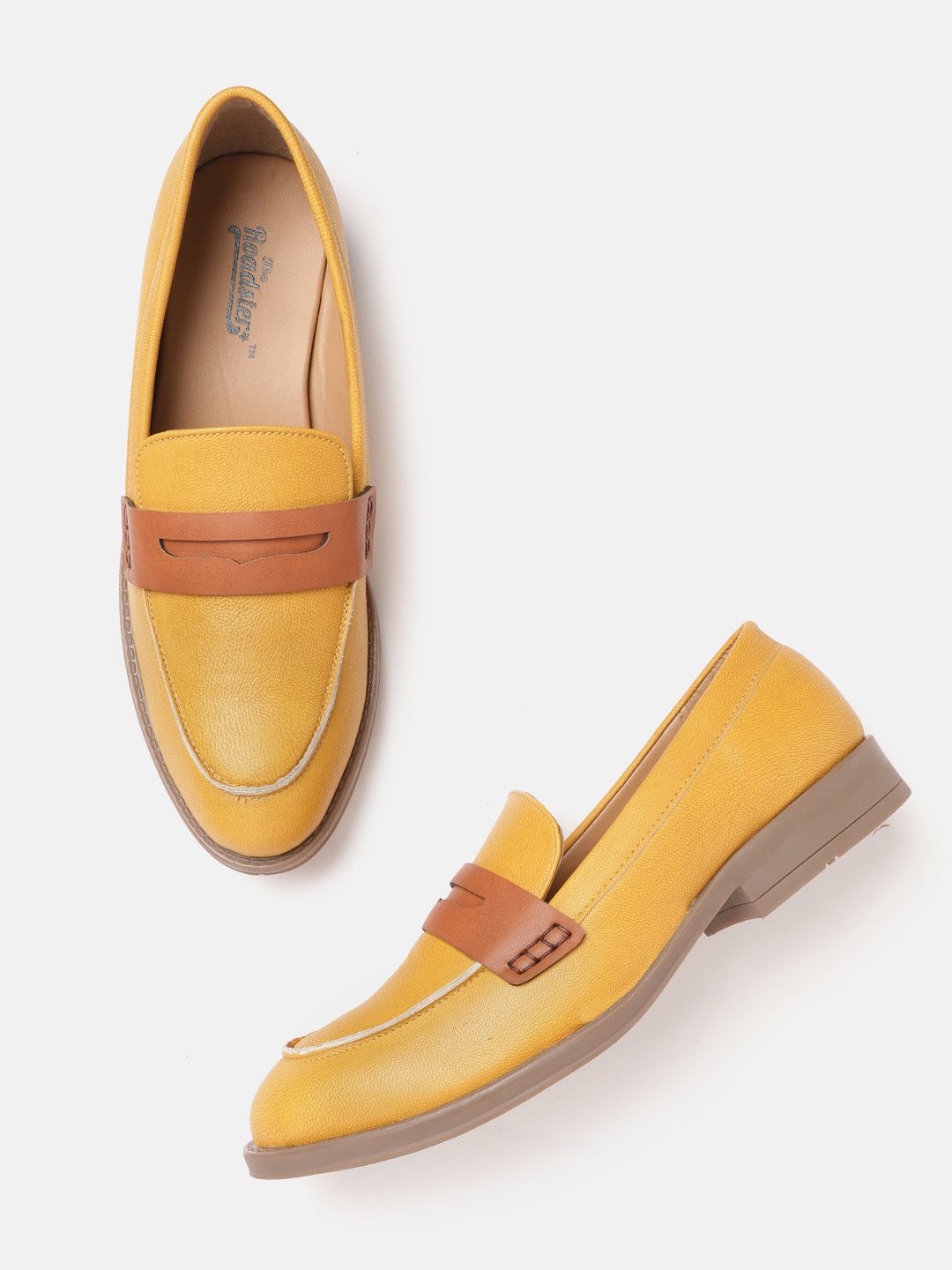 Roadster Women Mustard Yellow & Tan Brown Solid Platform Penny Loafers Price in India